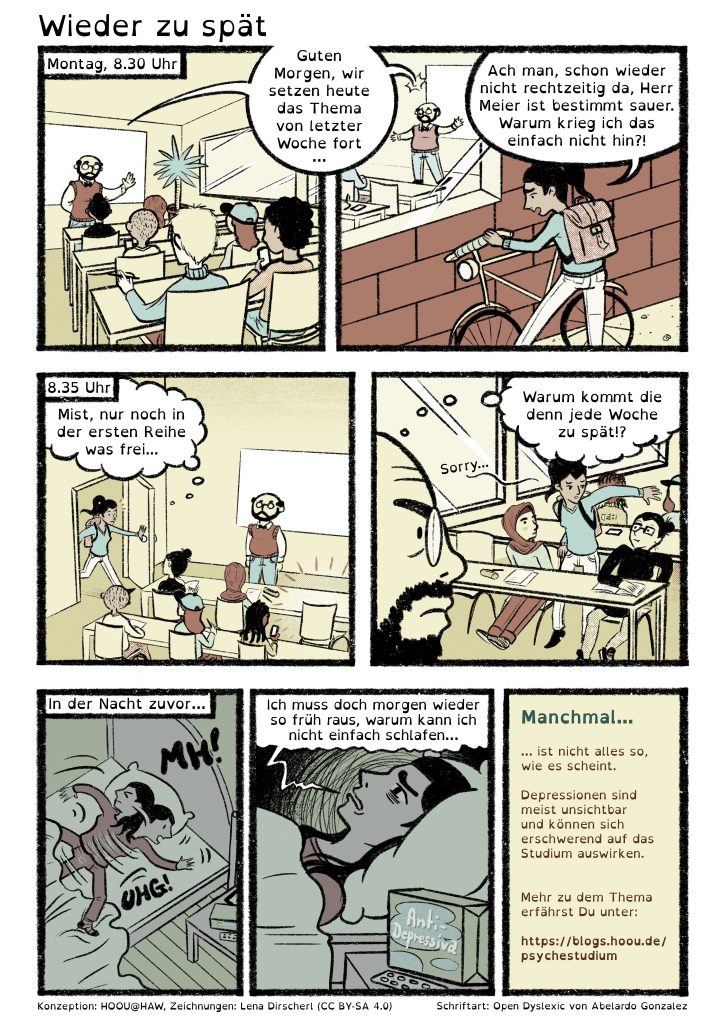 Visuelles Comic in Farbe über Herausforderungen im Studium. Ein Transkript des Comics für Screen Reader befindet sich unter dem visuellen Comic.