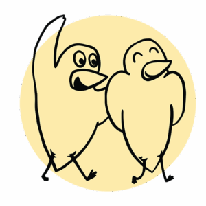 Illustration von Peer to Peer: zwei fröhliche Vögel auf gelbem Hintergrund